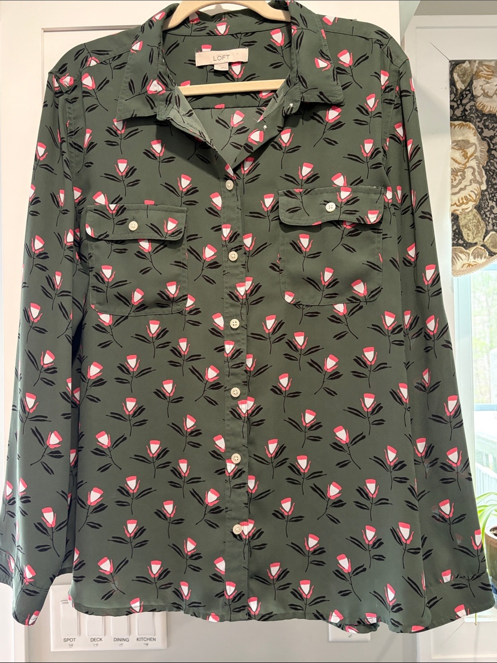 LOFT Olive Green Button-Up Blouse with Pink Floral Print